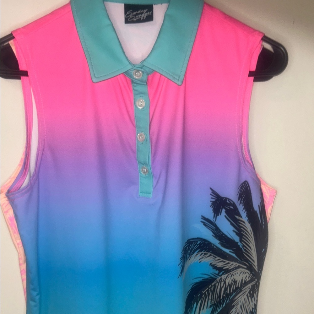 Vibrant Palm Print Sleeveless Golf Polo EUC